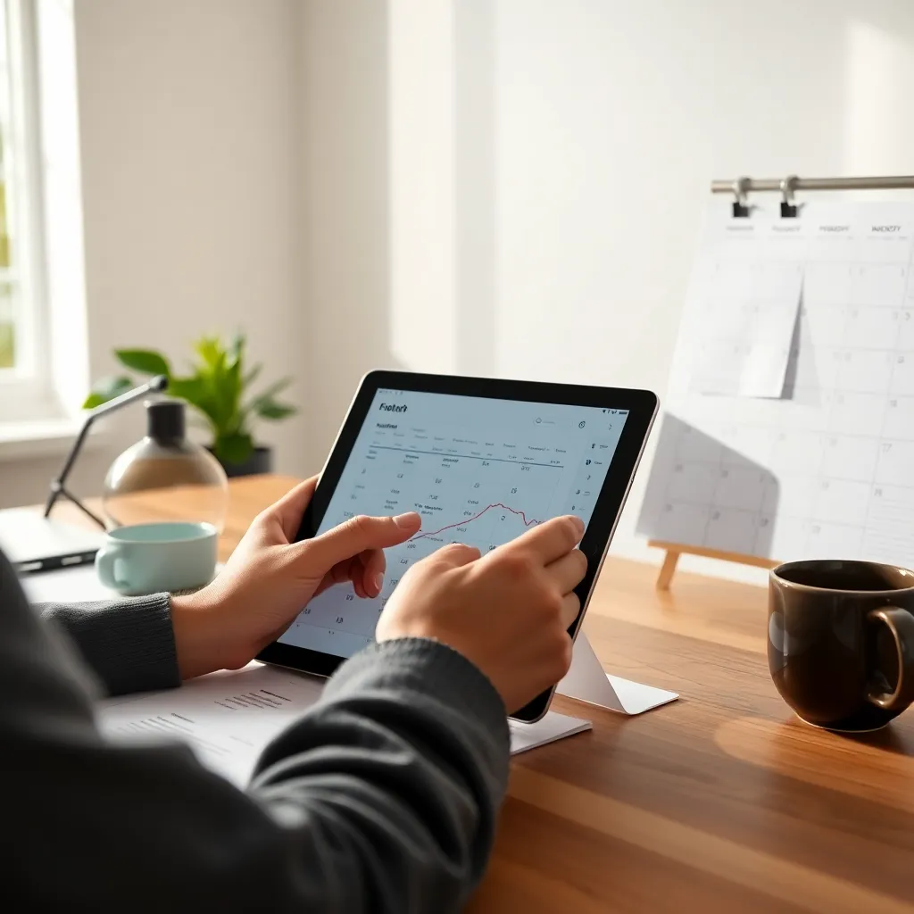 Nederlandse persoon die financiële administratie bijwerkt op tablet met papieren en koffie