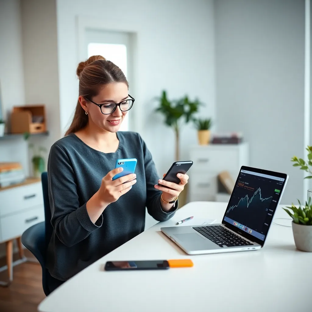 Persoon die financiële apps gebruikt op smartphone en tablet