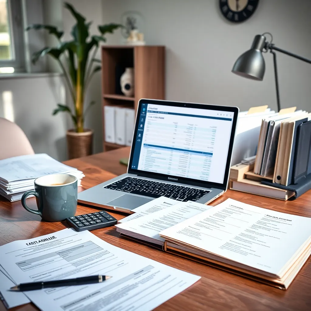 Georganiseerd bureau met financiële documenten en laptop met administratiesoftware