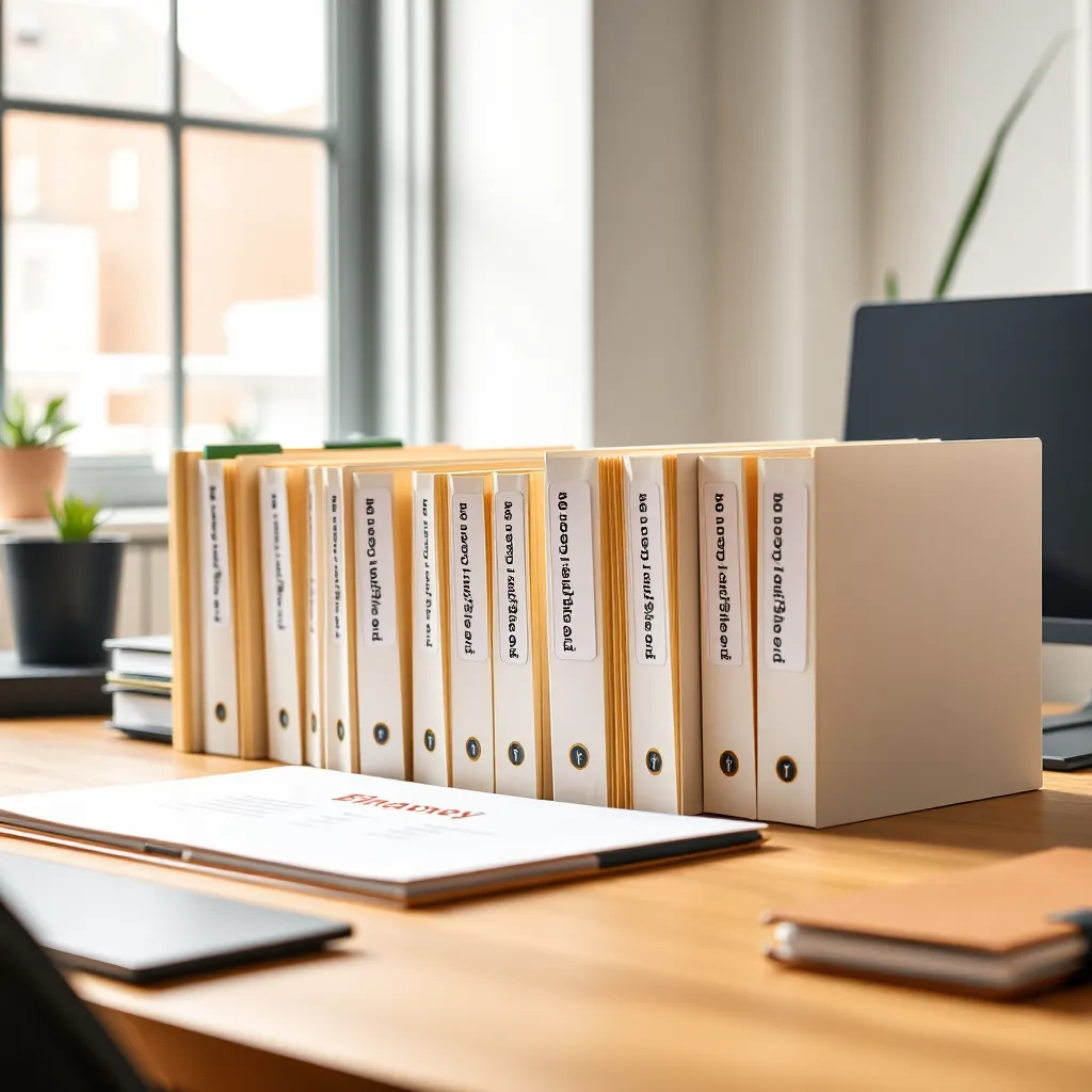 Georganiseerde mappen met financiële documenten in een thuiskantoor