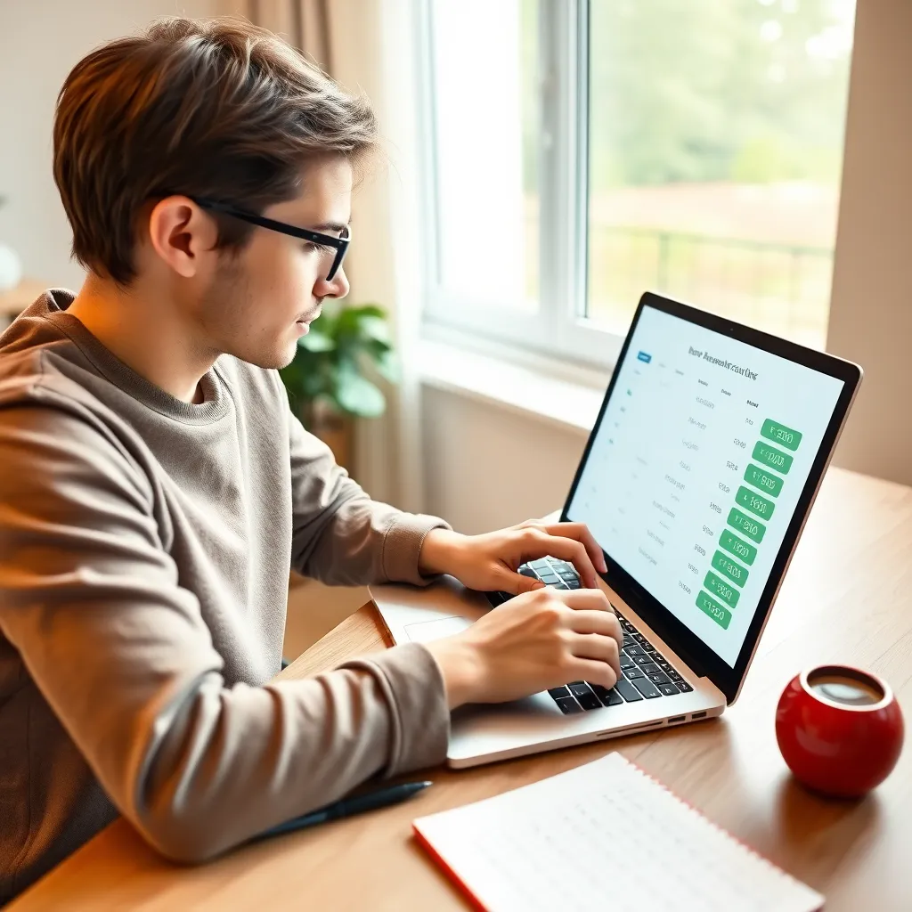 Persoon die betaalrekeningen op laptop vergelijkt